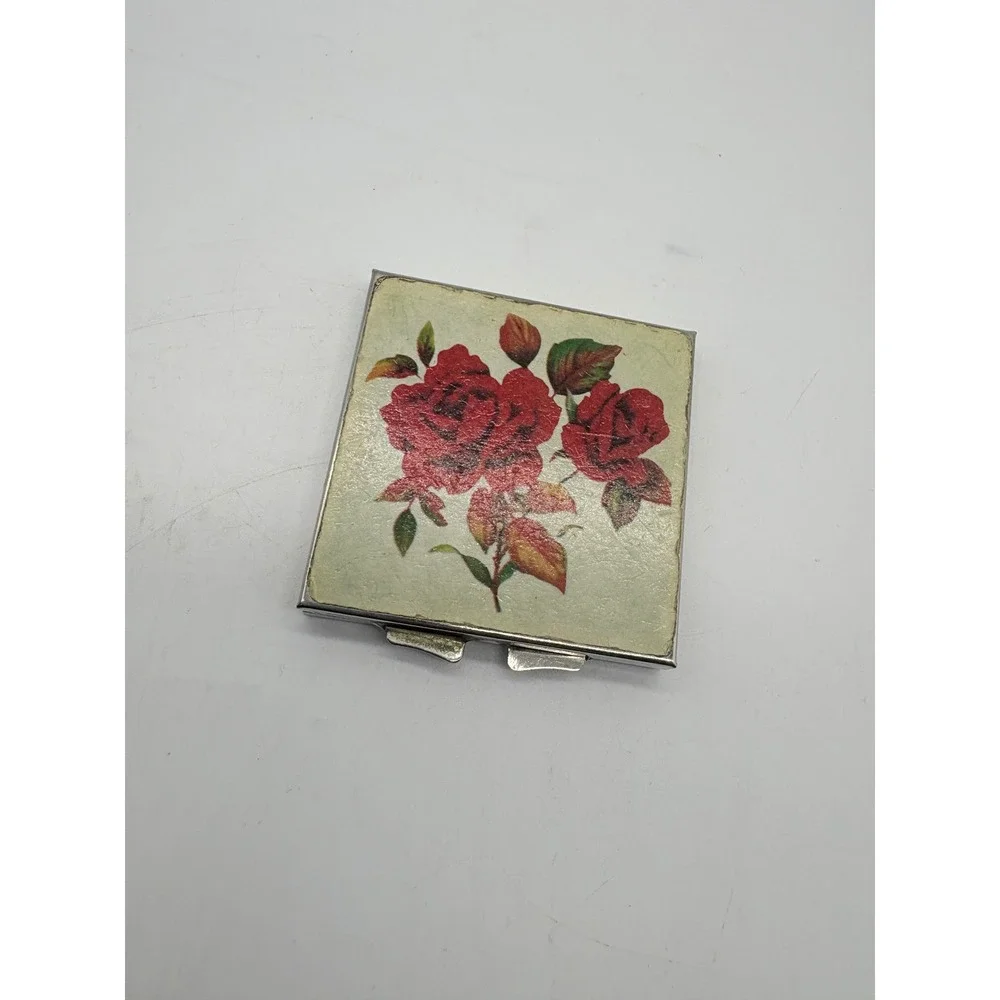Vintage Square Silver Tone Makeup Compact Red Rose Floral Double Mirror